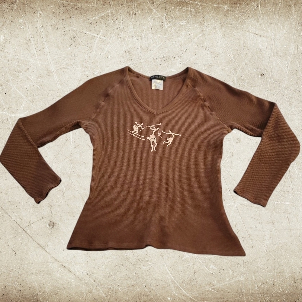 Athleta Waffle Knit Long Sleeve V neck Shirt size Large Golf Ski Tennis T24